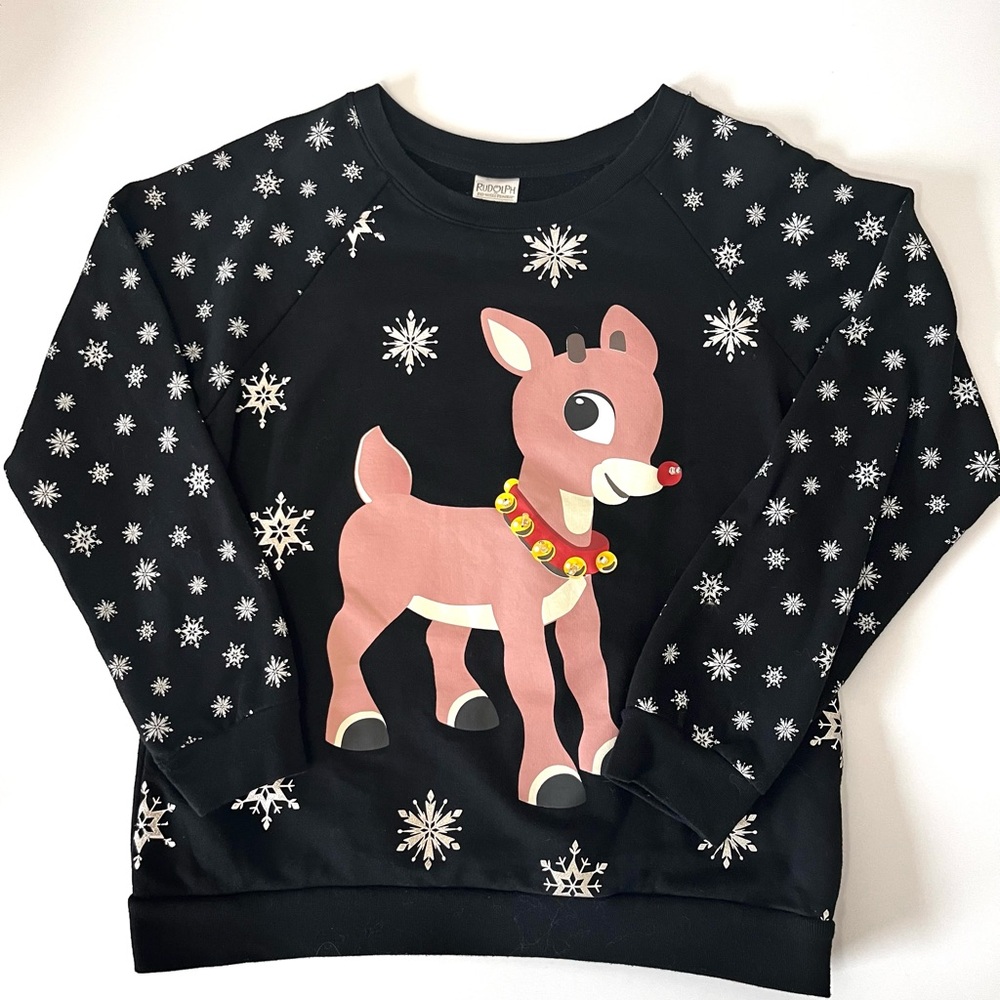 Rudolph The Red Nosed Reindeer Christmas Sweatshirt Black White Snowflake Size M